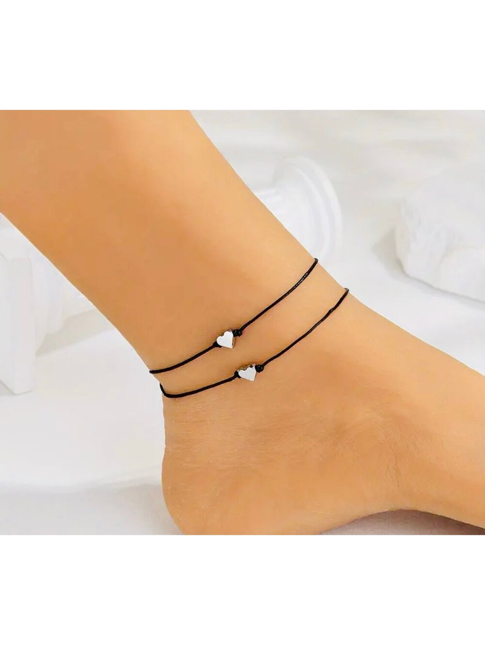 New - Simple and Stylish - Love Silver Heart Braided Adjustable Anklet Set